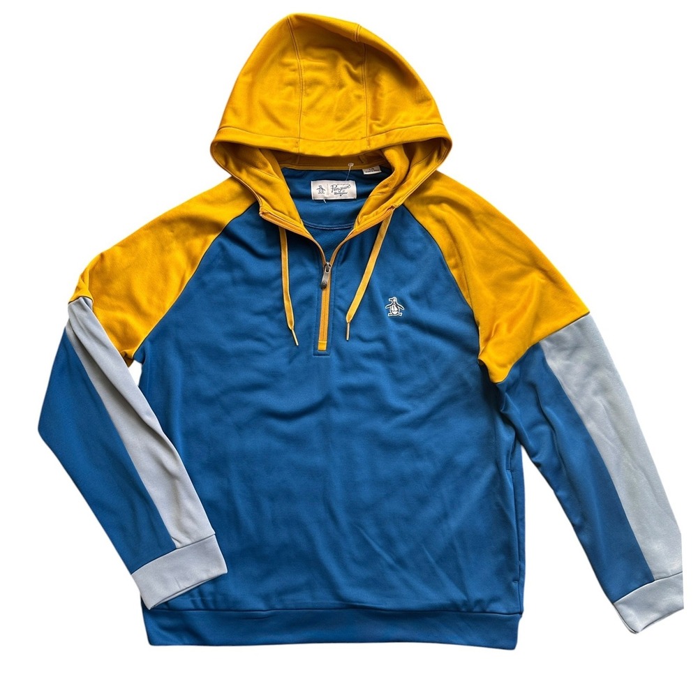 Original Penguin Quarter Zip Hoodie Mens Large Blue Yellow Colorblock Excellent